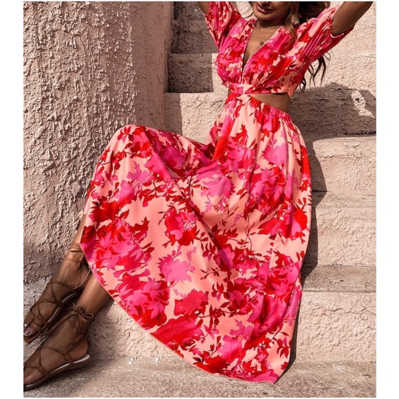 Boho Pink Floral Print Cut out Maxi Dress - Picture 2 of 4